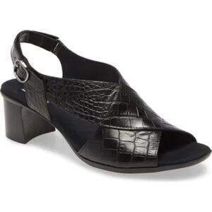 Munro Sandals 8N Croc Embossed Block Heel Slingback Peep Toe Dressy Black Laine